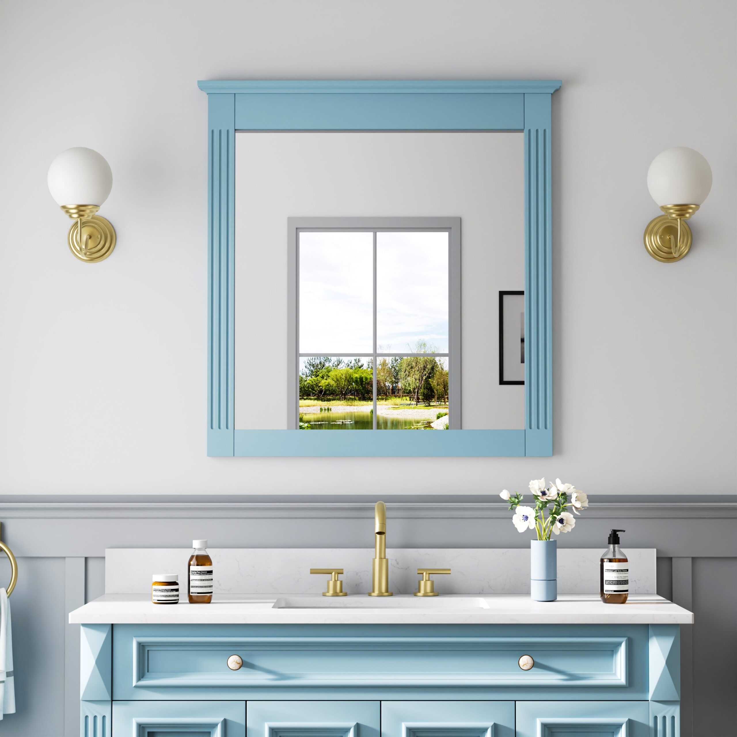 32 in. W x 33 in. H Wall-Mounted Wooden Framed Vanity Mirror Makeup Bathroom Wall Mirror