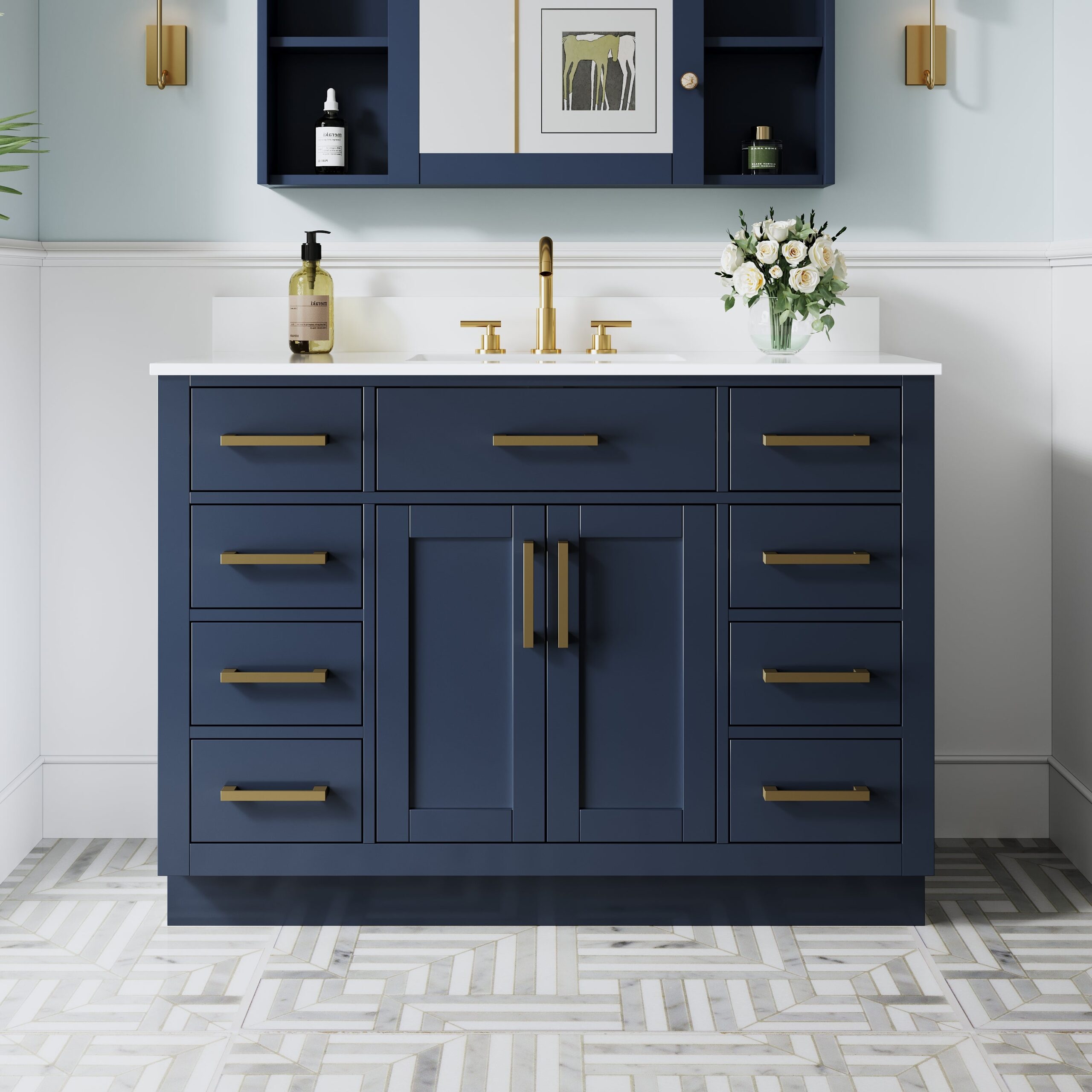48 Inch Solid Wood Bathroom Vanity with White Cultured Marble Top, 2 Soft-Close Doors & 9 Drawers, Navy Blue