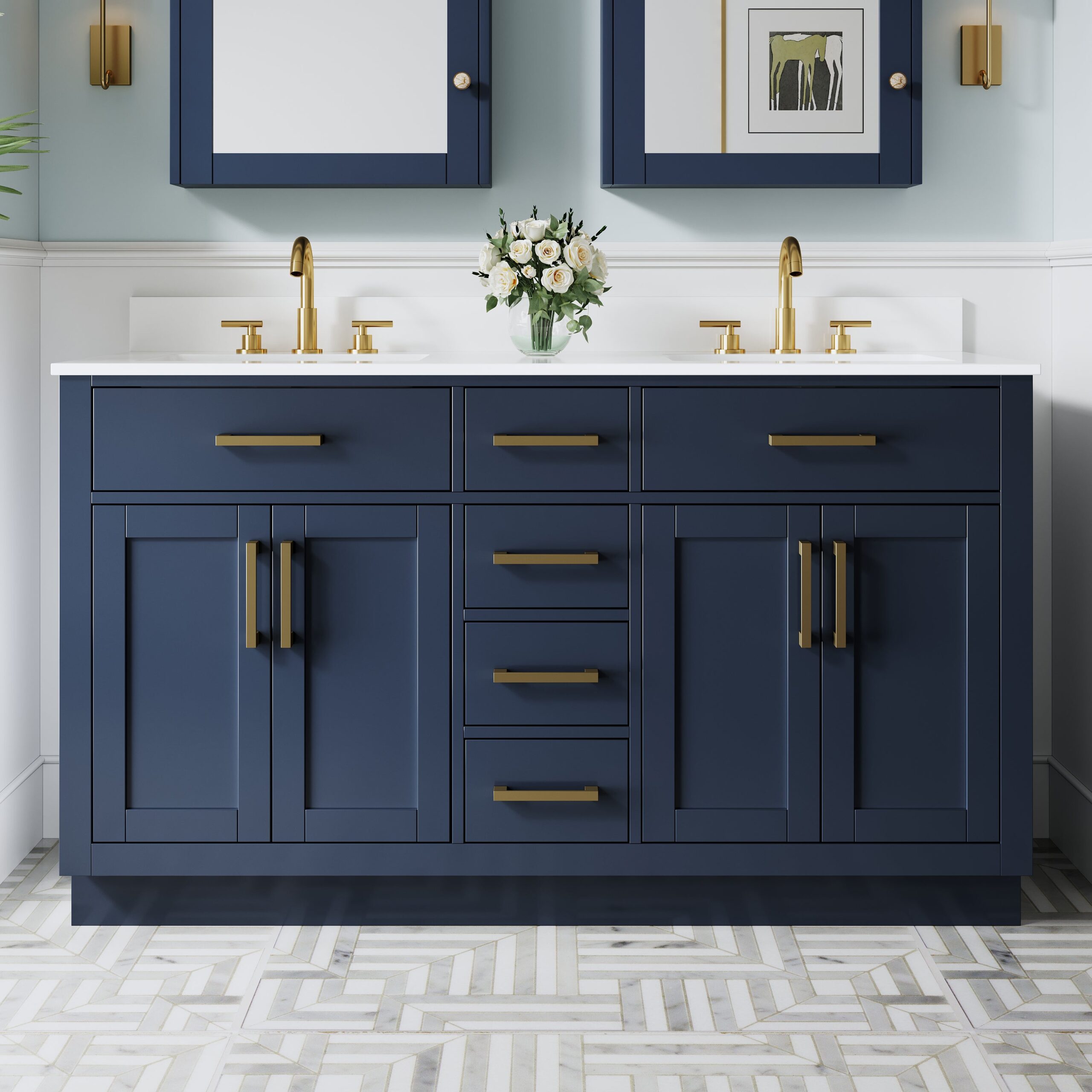 60 Inch Solid Wood Bathroom Vanity with White Cultured Marble Top, 4 Soft-Close Doors & 6 Drawers, Navy Blue