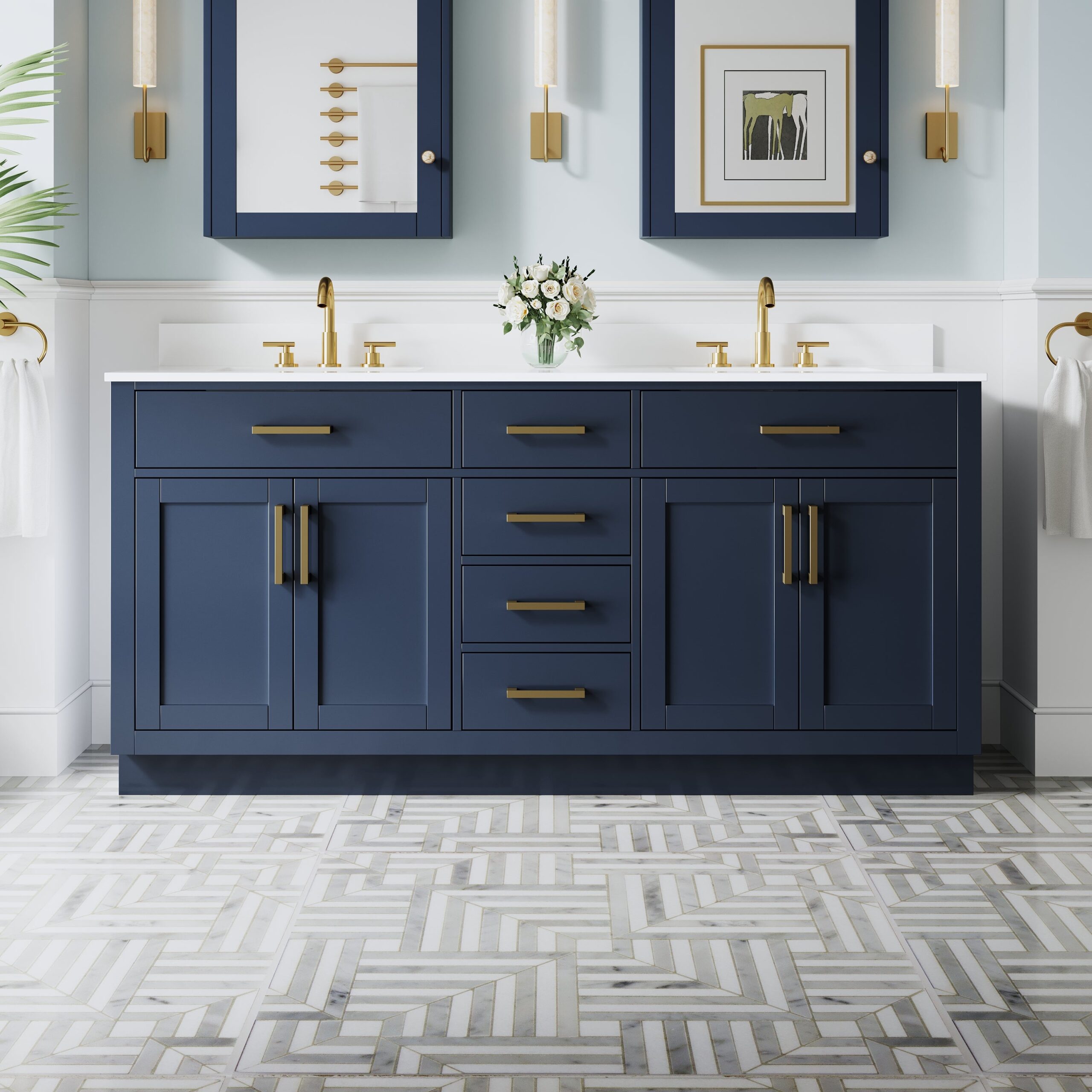72 Inch Solid Wood Bathroom Vanity with White Cultured Marble Top, 4 Soft-Close Doors & 6 Drawers, Navy Blue