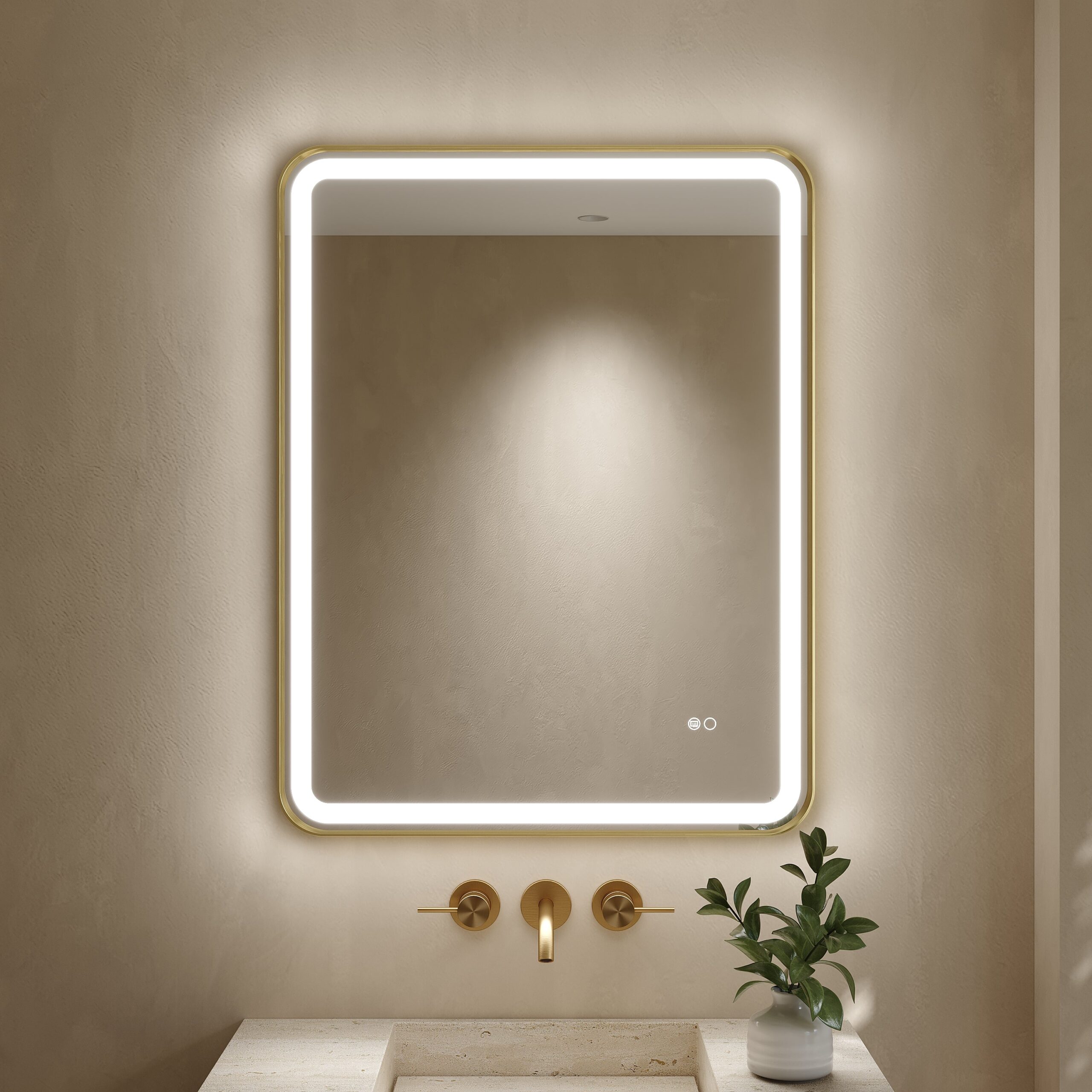 24 in. x 32 in. Framed LED Bathroom Mirror in Brushed Gold with Rounded Corners, Dimmable Lighted, Anti-Fog