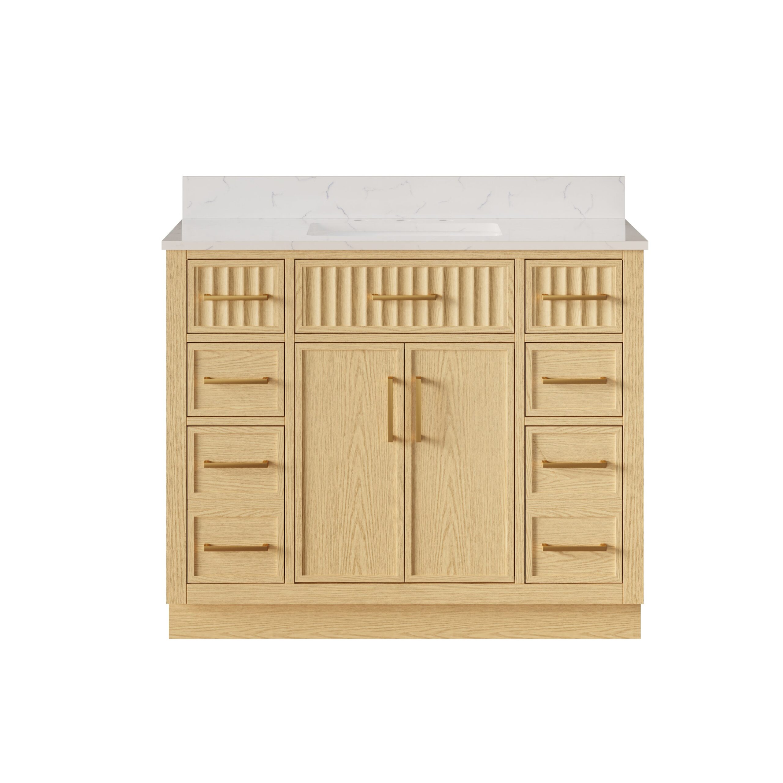 42 Inch Solid Wood and Plywood Bathroom Vanity with Carrara White Quartz Top, 2 Soft-Close Doors & 7 Drawers, OAK