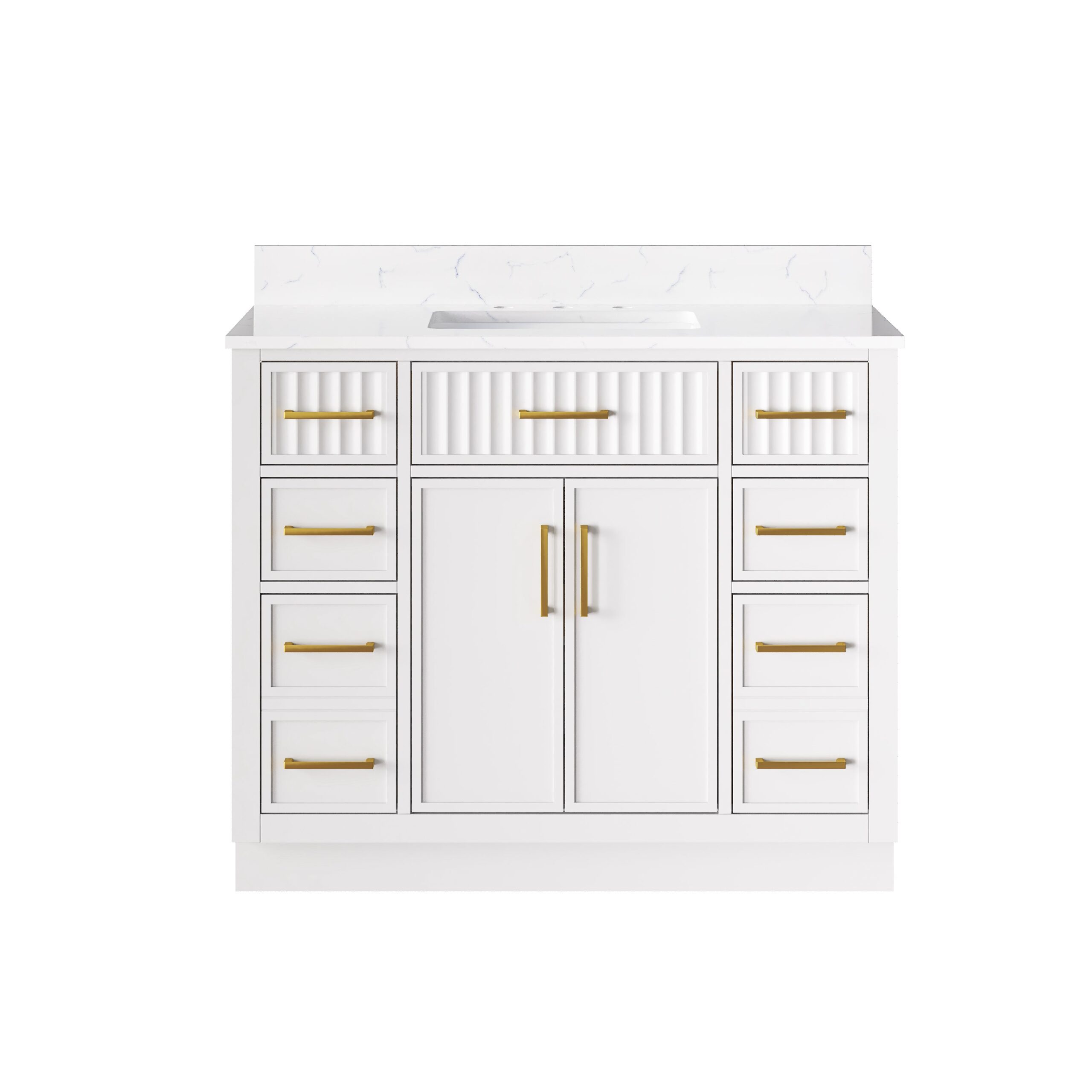 42 Inch Solid Wood and Plywood Bathroom Vanity with Carrara White Quartz Top, 2 Soft-Close Doors & 7 Drawers, White