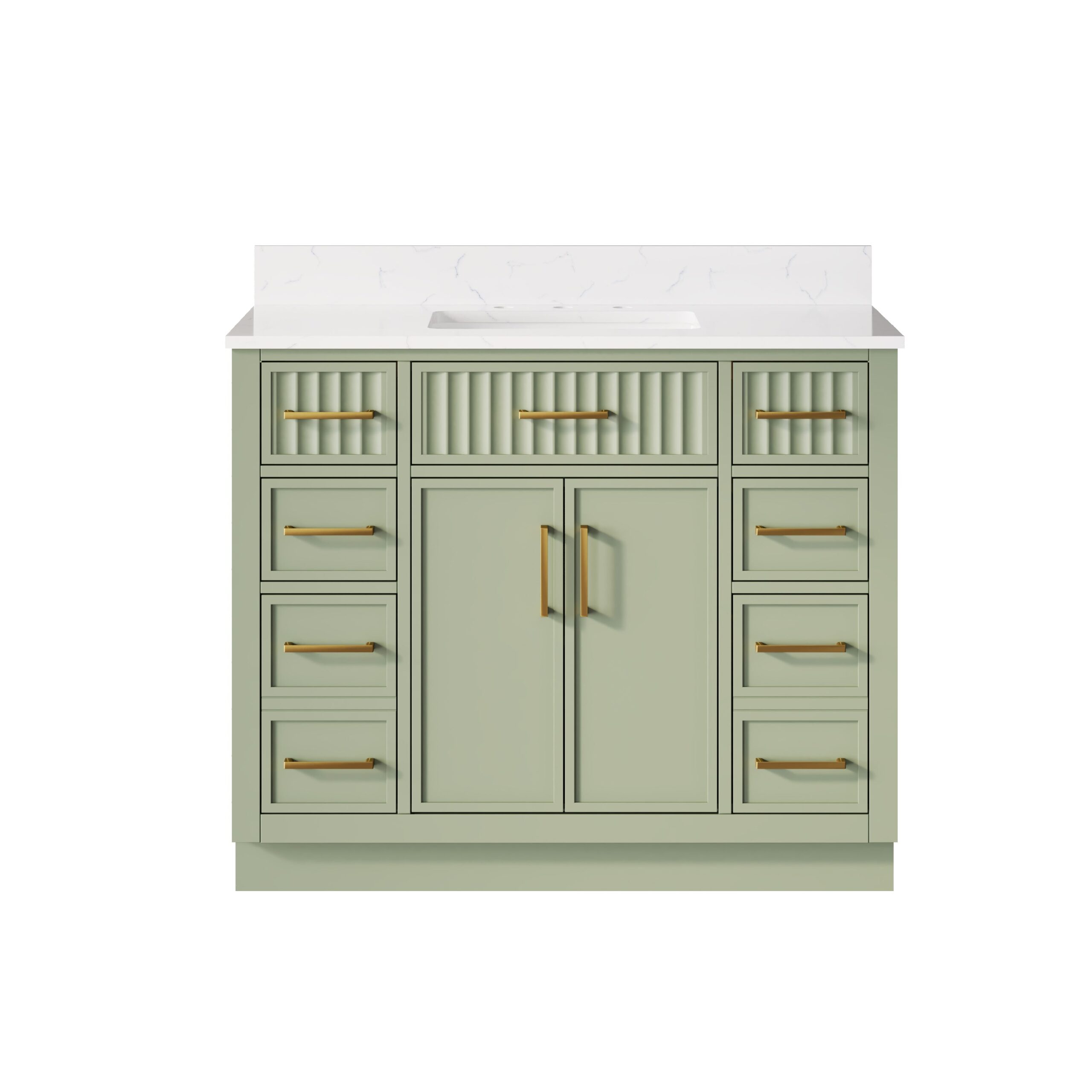 42 Inch Solid Wood and Plywood Bathroom Vanity with Carrara White Quartz Top, 2 Soft-Close Doors & 7 Drawers, SAGE GREEN